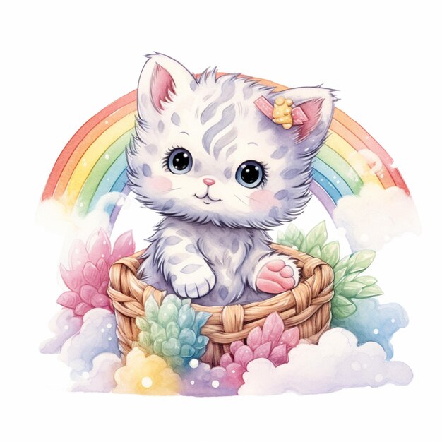 c'è un gattino bianco seduto in un cesto con fiori generativo ai