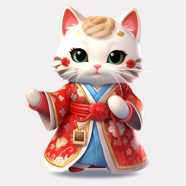 c'è un gatto bianco che indossa un kimono rosso e un vestito blu generativo ai