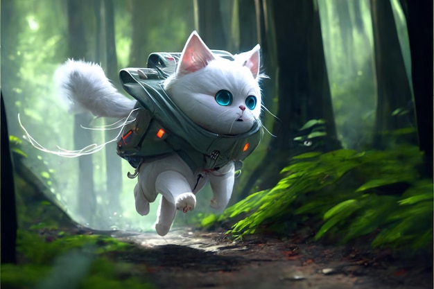 C'è un gatto bianco con gli occhi blu che corre nel bosco generativo ai