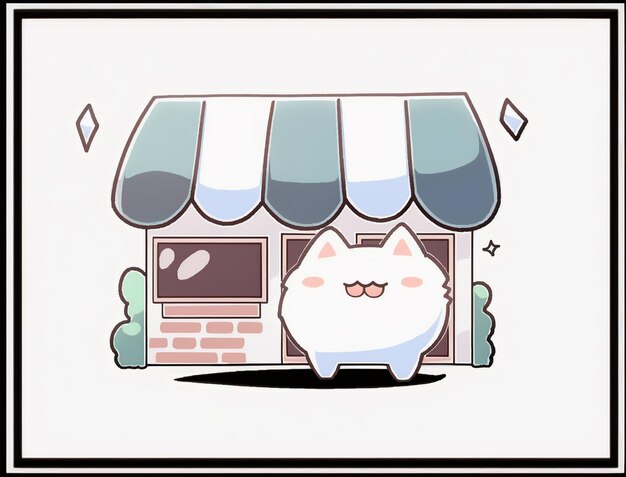 c'è un gatto bianco in piedi fuori da un negozio con una tenda da sole generativa ai