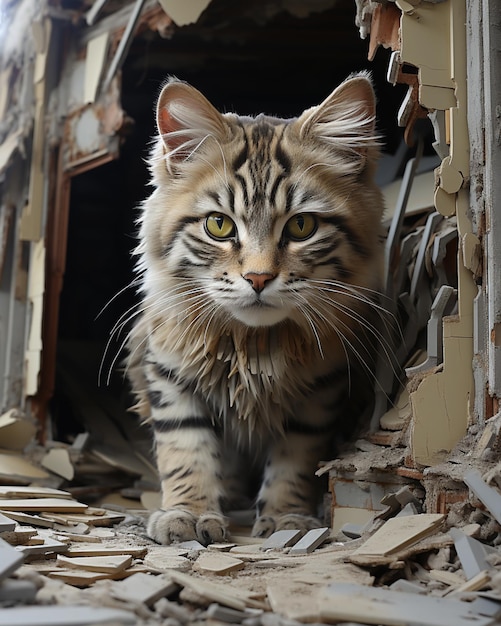 c'è un gatto che cammina attraverso un edificio che è stato demolito generativo ai