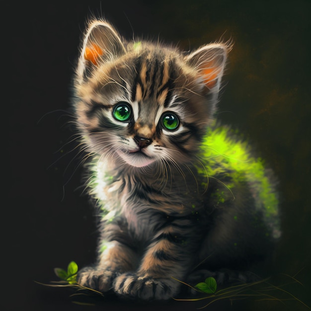 c'è un gatto che è seduto a terra con gli occhi verdi generativo ai