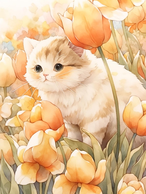 C'è un gatto che è seduto in un campo di fiori generativi ai