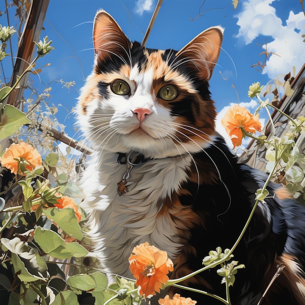 c'è un gatto che è seduto nei fiori generativo ai