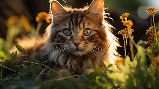 C'è un gatto che è seduto nell'erba con gli occhi gialli