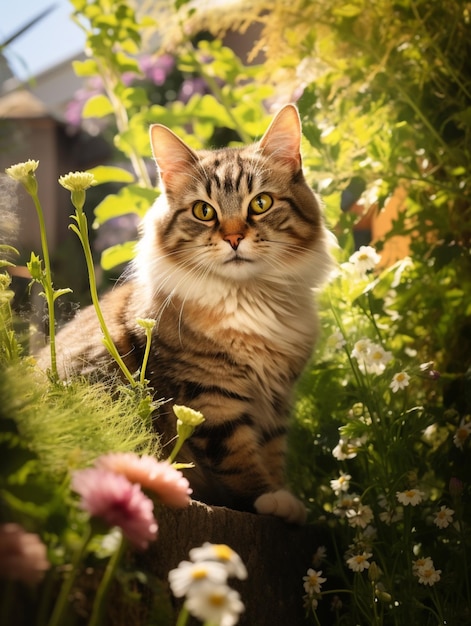 c'è un gatto che è seduto nell'erba e fiori generati ai