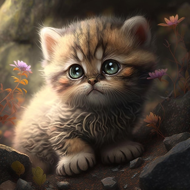 c'è un gatto che è seduto su una roccia con fiori generativi ai