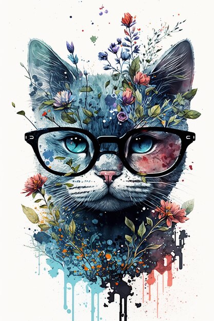 c'è un gatto che indossa occhiali e una corona floreale generativa ai