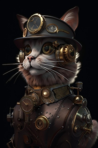 C'è un gatto che indossa un abito steam punk e un cappello generativo ai