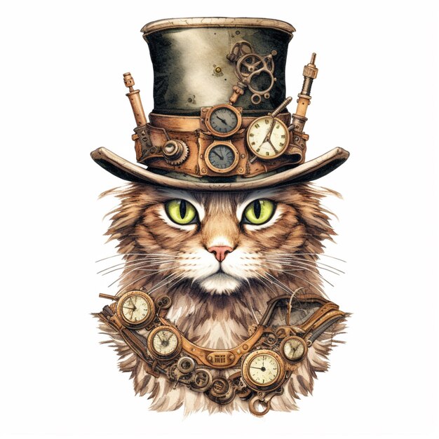 C'è un gatto che indossa un cappello steam punk e un orologio generativo ai