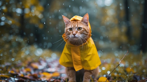 c'è un gatto che indossa un impermeabile in piedi nella pioggia generativo ai