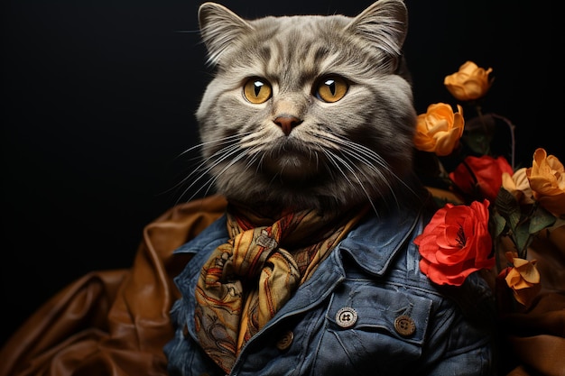 C'è un gatto che indossa una giacca e una cravatta con dei fiori.