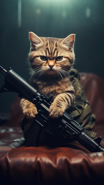 C'è un gatto che tiene una pistola su un divano generativo ai