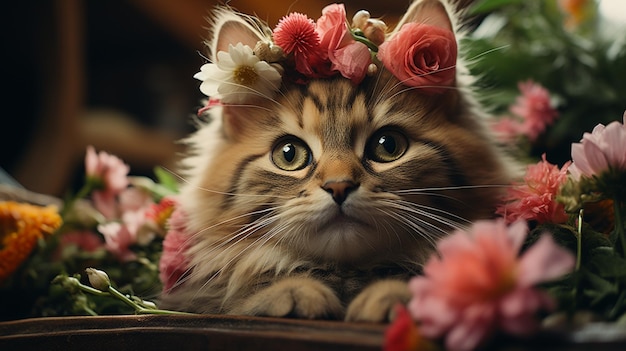 C'è un gatto con dei fiori