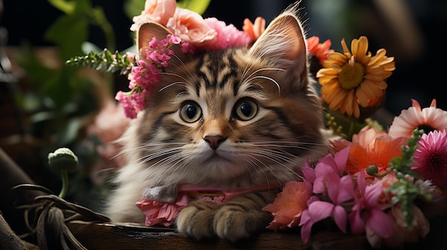 C'è un gatto con dei fiori