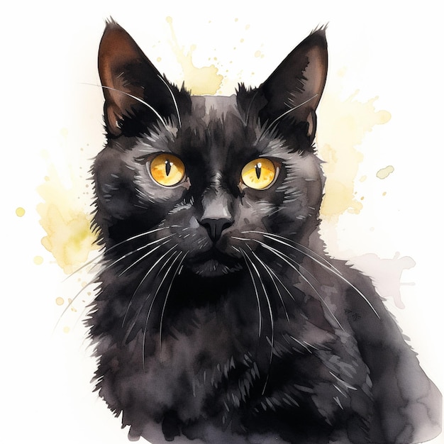 C'è un gatto nero con gli occhi gialli seduto su una superficie bianca generativa ai