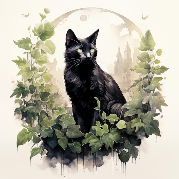 c'è un gatto nero seduto in un cespuglio con foglie verdi generativo ai