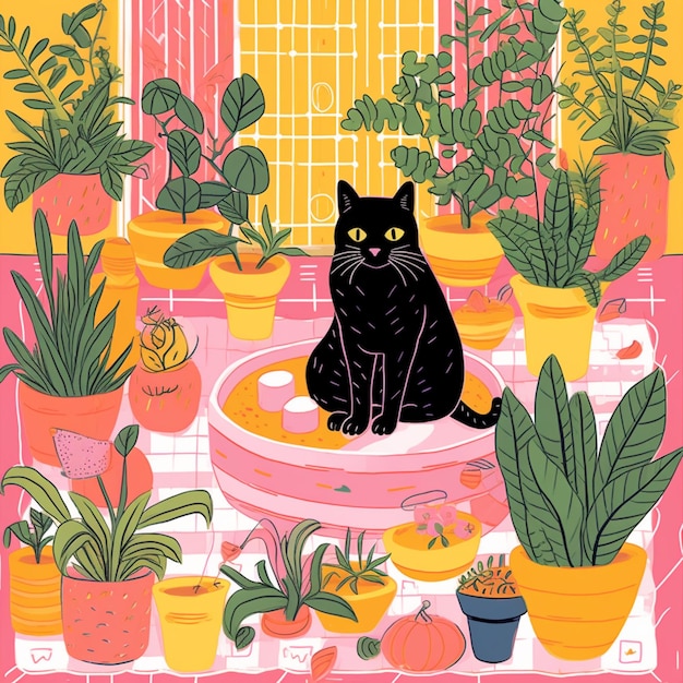 C'è un gatto nero seduto su una pianta in vaso ai generativa