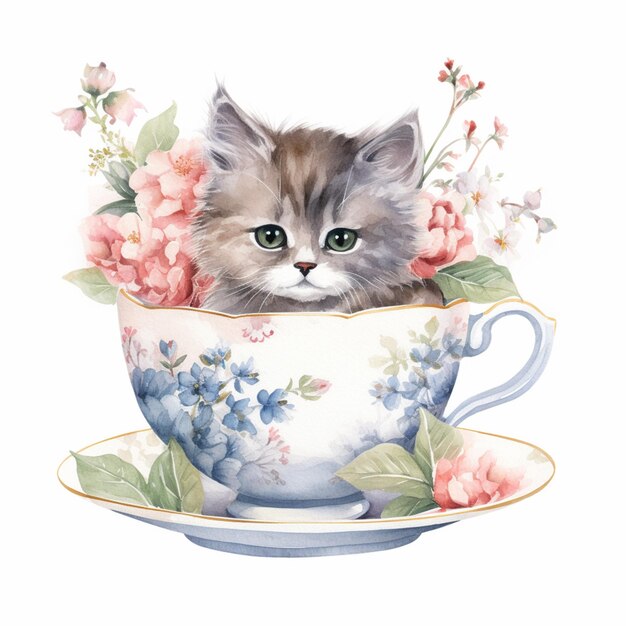 c'è un gatto seduto in una tazza da tè con dei fiori sopra ai generativa