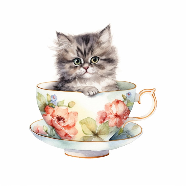 c'è un gatto seduto in una tazza da tè con un motivo floreale ai generativo