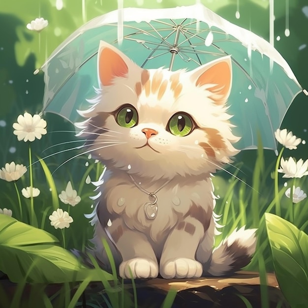 c'è un gatto seduto sotto un ombrellone nell'erba generativa ai