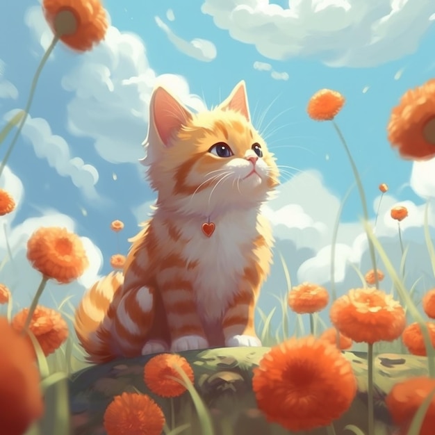 c'è un gatto seduto su una roccia in un campo di fiori generativo ai