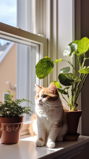 C'è un gatto seduto sul davanzale di una finestra accanto a una pianta in vaso generativa ai