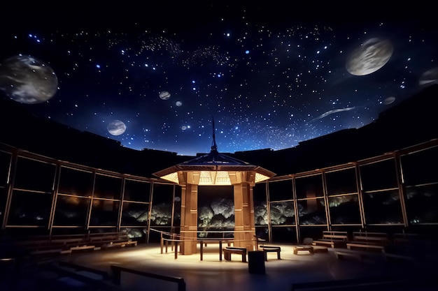 c'è un gazebo con sullo sfondo un cielo pieno di stelle generativo ai