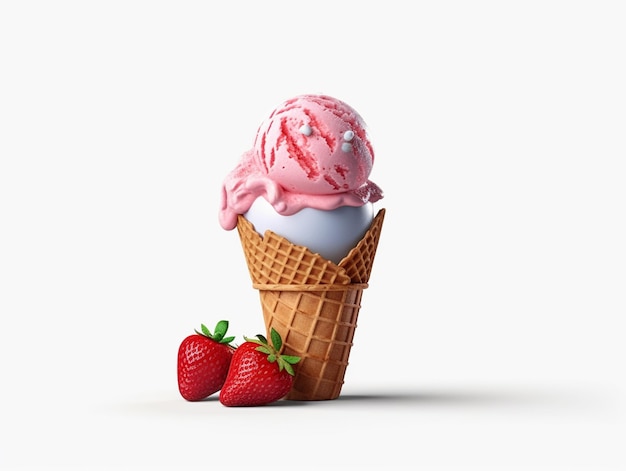 C'è un gelato di fragole in un cono di waffle con due fragole generative ai