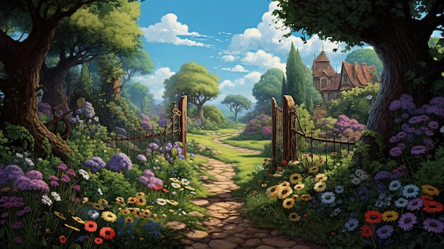 C'è un giardino con fiori e un sentiero che conduce ad un recinto