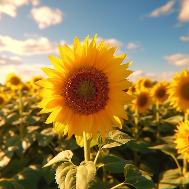 c'è un girasole che è in un campo di girasoli generativo ai