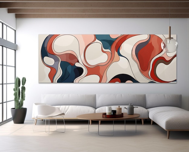 C'è un grande dipinto sulla parete di un soggiorno generativo ai