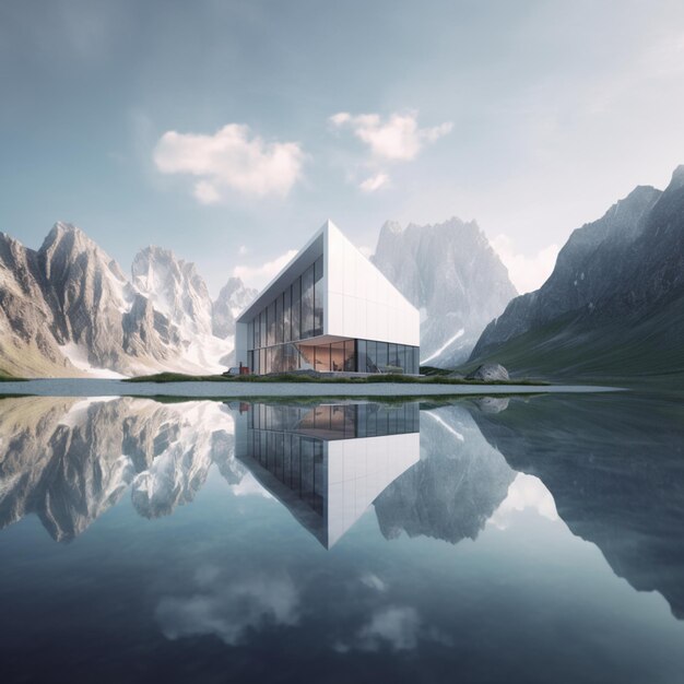 c'è un grande edificio che si trova su un lago generativo ai