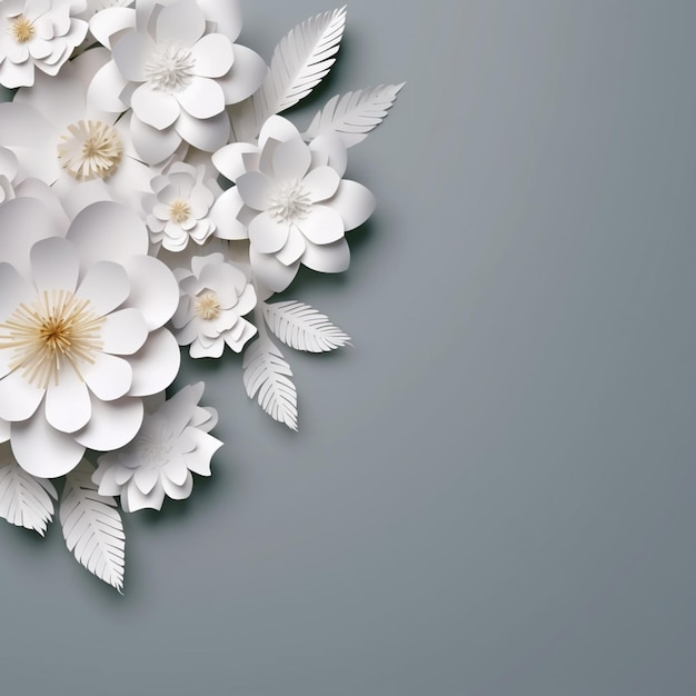 C'è un grande fiore bianco con foglie su uno sfondo grigio generativo ai