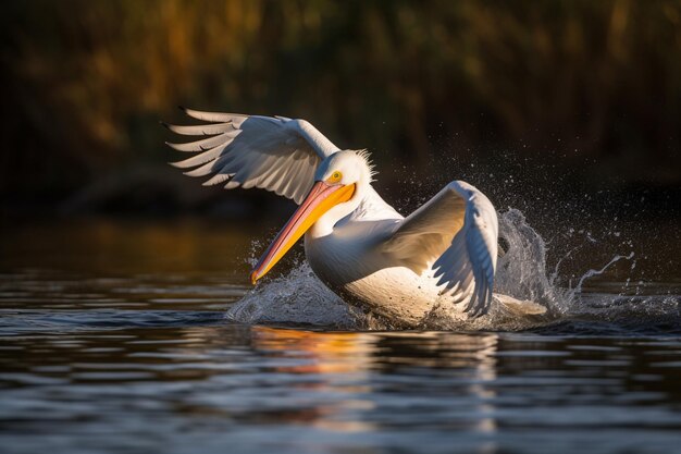 C'è un grande uccello bianco con un lungo becco che spruzza acqua generativa ai