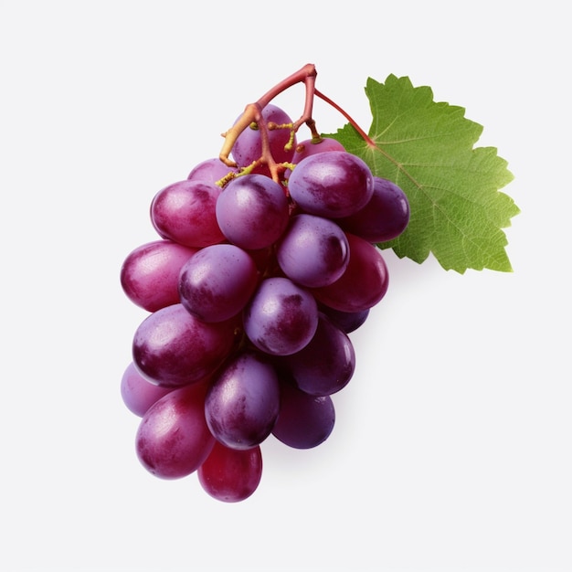 C'è un grappolo di uva con una foglia su uno sfondo bianco generativo ai