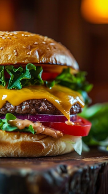 C'è un hamburger con formaggio e lattuga su un tavolo di legno generativo ai