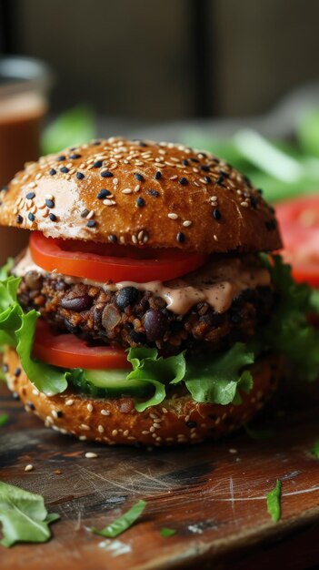 C'è un hamburger con pomodoro di lattuga e cipolla su un tavolo da taglio di legno