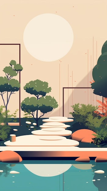 C'è un'illustrazione digitale di un giardino con uno stagno generativo ai
