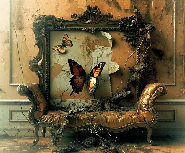 c'è un'immagine di una sedia con una farfalla su di essa generativa ai