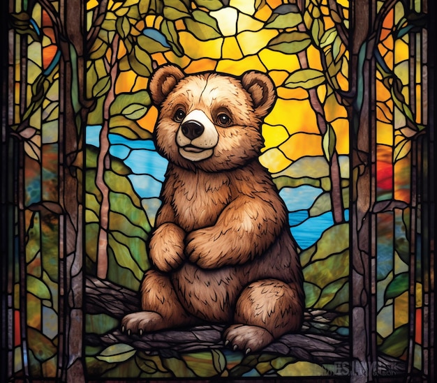 C'è un'immagine in vetro colorato di un orso seduto su un ramo di un albero generativo ai