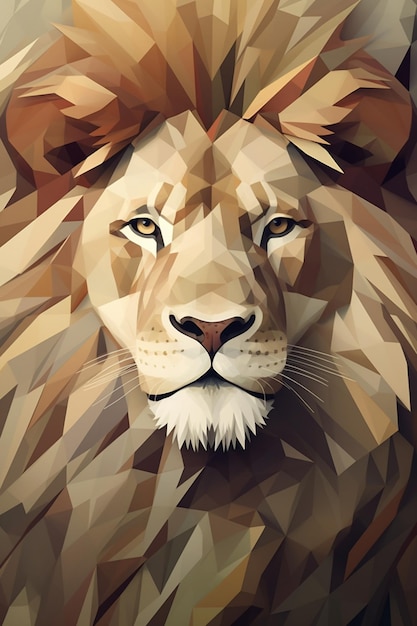 C'è un'immagine poligonale bassa di una faccia di leone generativa ai