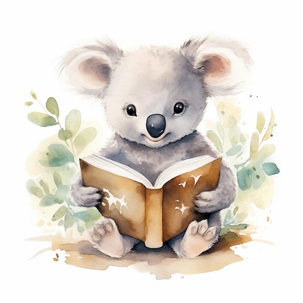 c'è un koala che legge un libro mentre è seduto a terra generativo ai