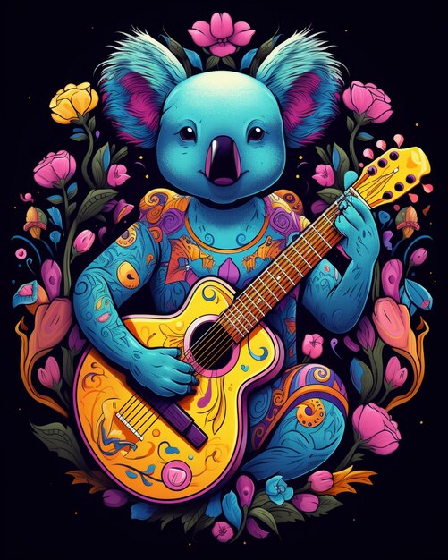 C'è un koala che suona una chitarra in una cornice floreale generativa ai