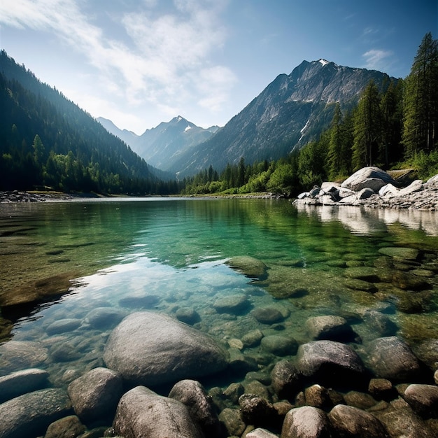 C'è un lago con rocce e acqua al centro di esso generativo ai