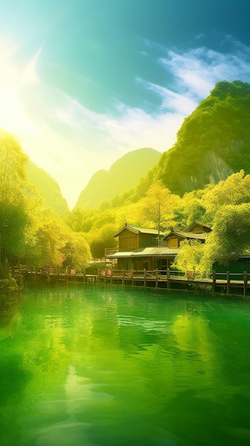 c'è un lago verde con una casa su di esso e una montagna sullo sfondo generativo ai