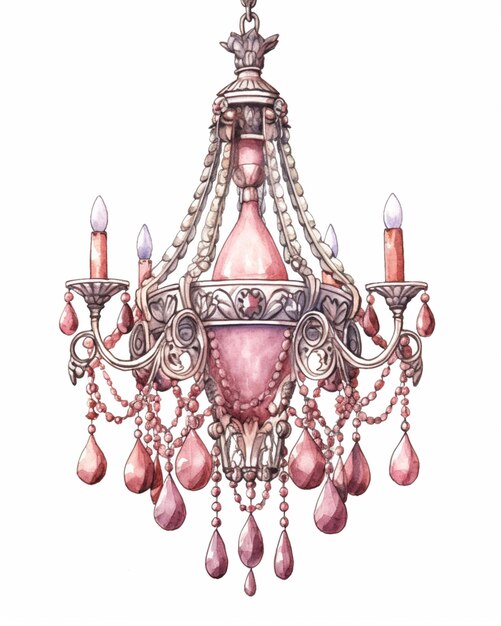 C'è un lampadario con vetro rosa e perline rosa generative ai