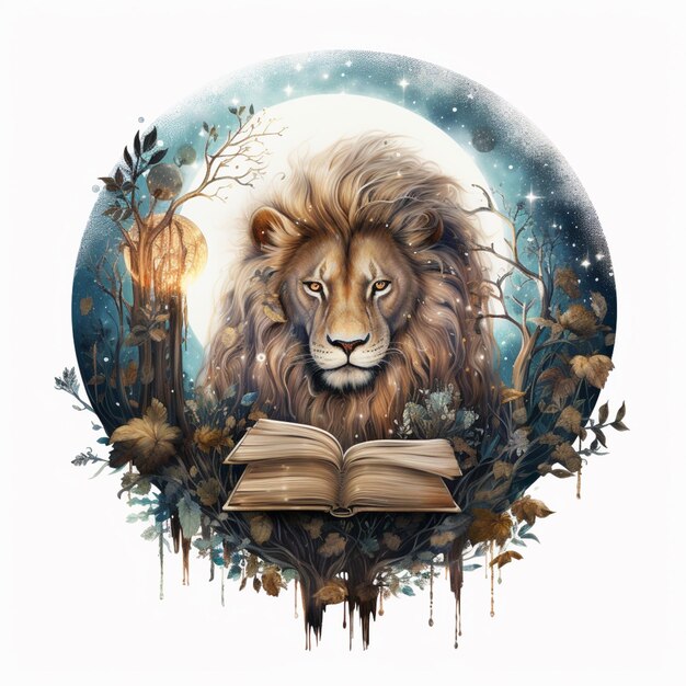 c'è un leone che legge un libro nel mezzo di una foresta generativa ai