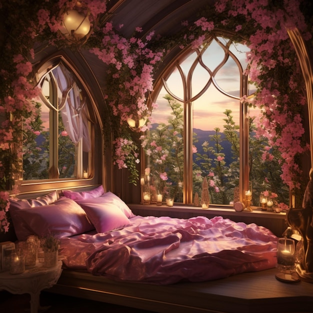C'è un letto con un tovagliolo rosa e una finestra con fiori generativi ai