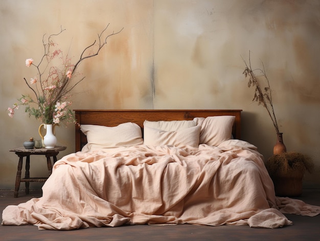 C'è un letto con una coperta rosa e un vaso con fiori generativi ai